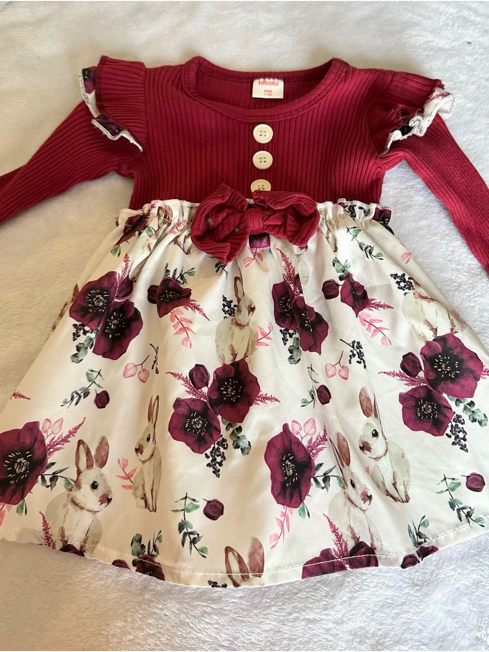 bobi Burgundy & Cream Floral Bunny Dress with Bow